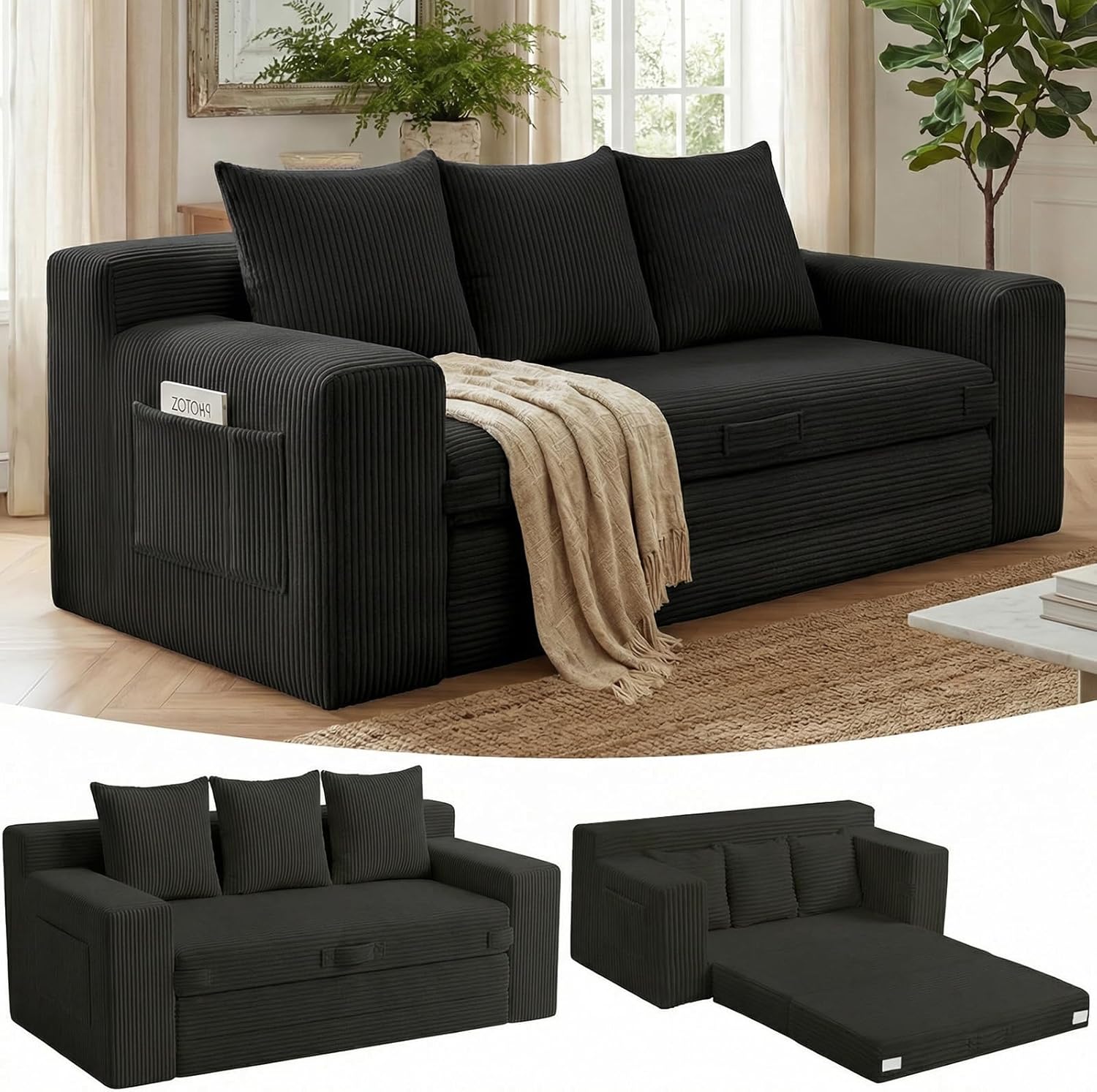 3-in-1 Boneless Loveseat Sofa Bed, Corduroy - Image 3