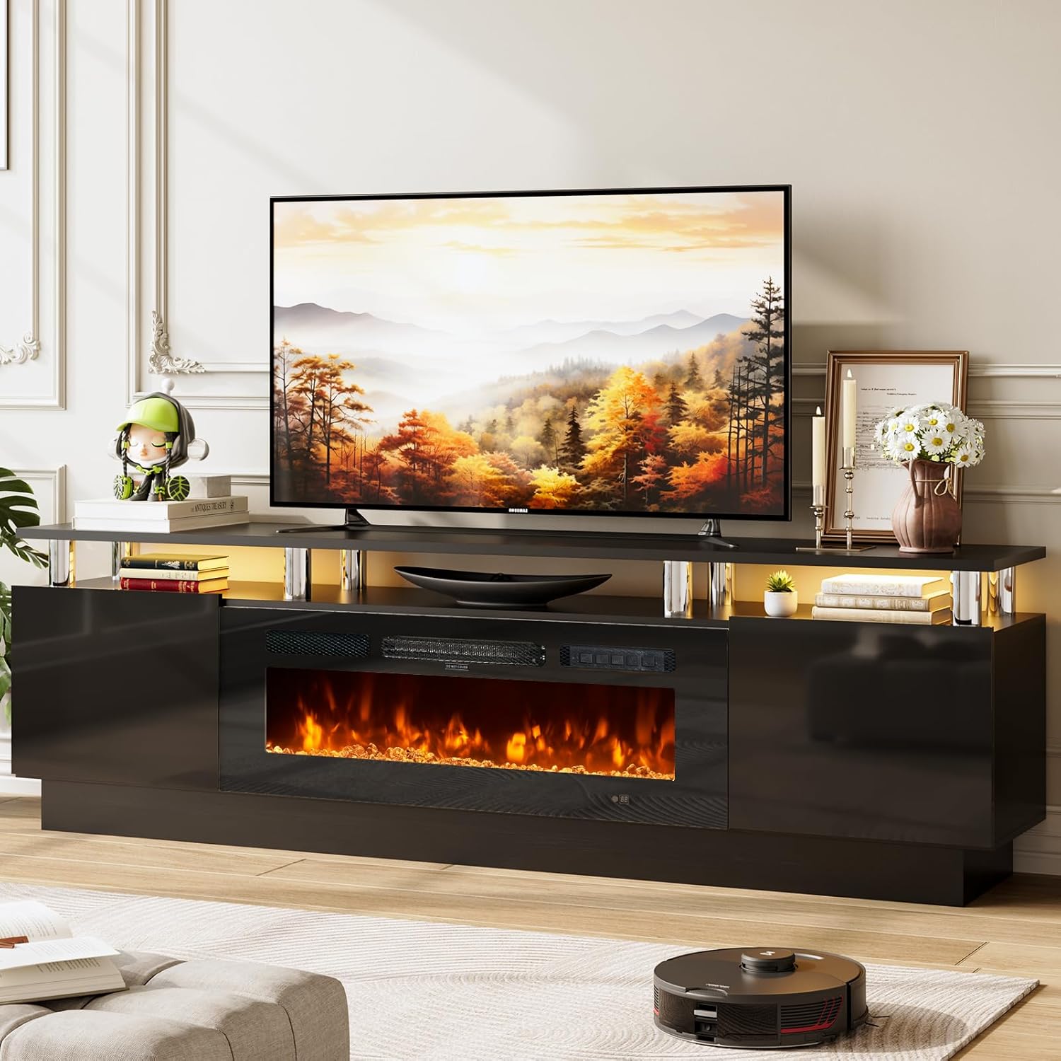 TV Stand with Fireplace, 70", Grey/Black - Image 10