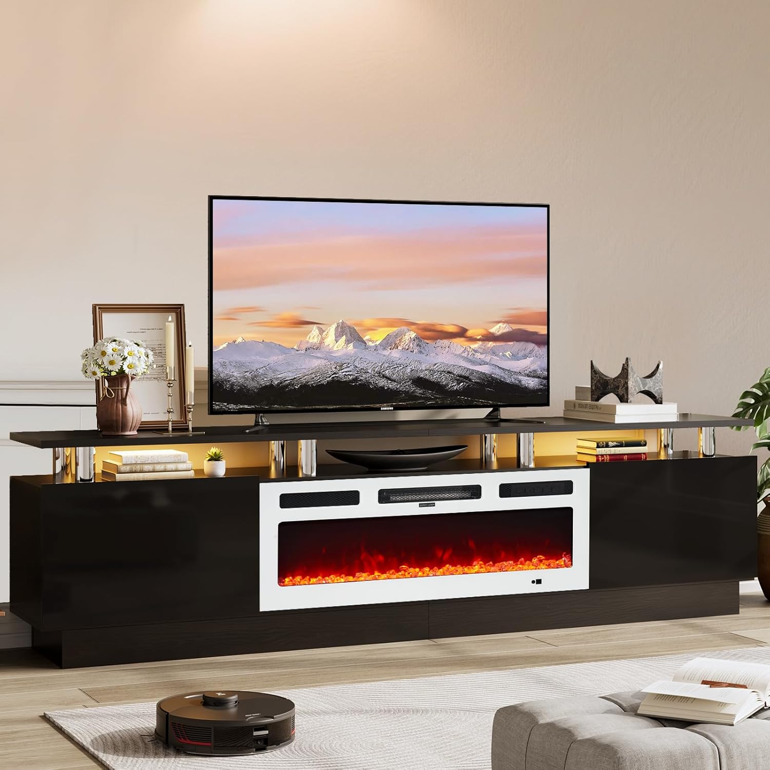 TV Stand with Fireplace, 70", Grey/Black - Image 9