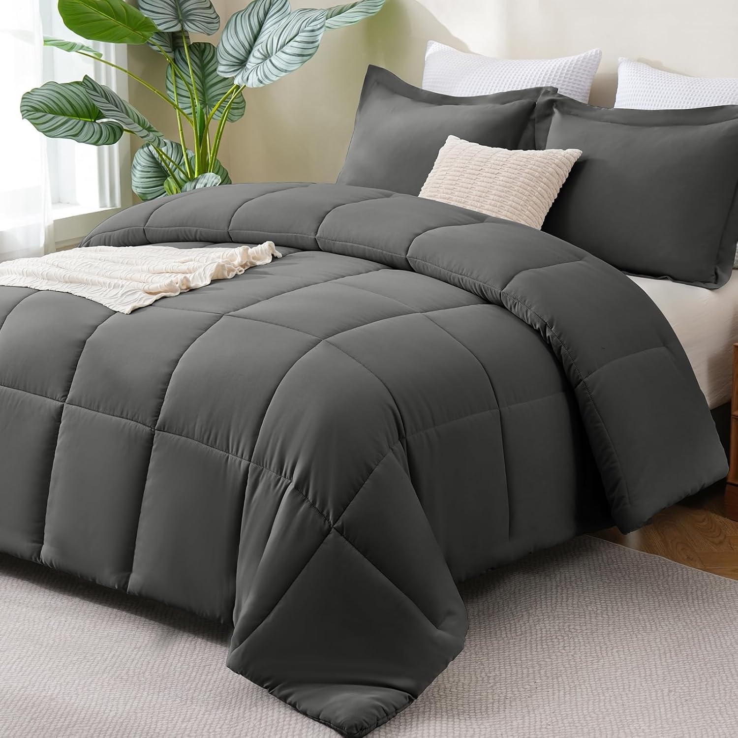 CozyLux Queen Comforter Set, 3-Piece, Dark Grey - Image 15