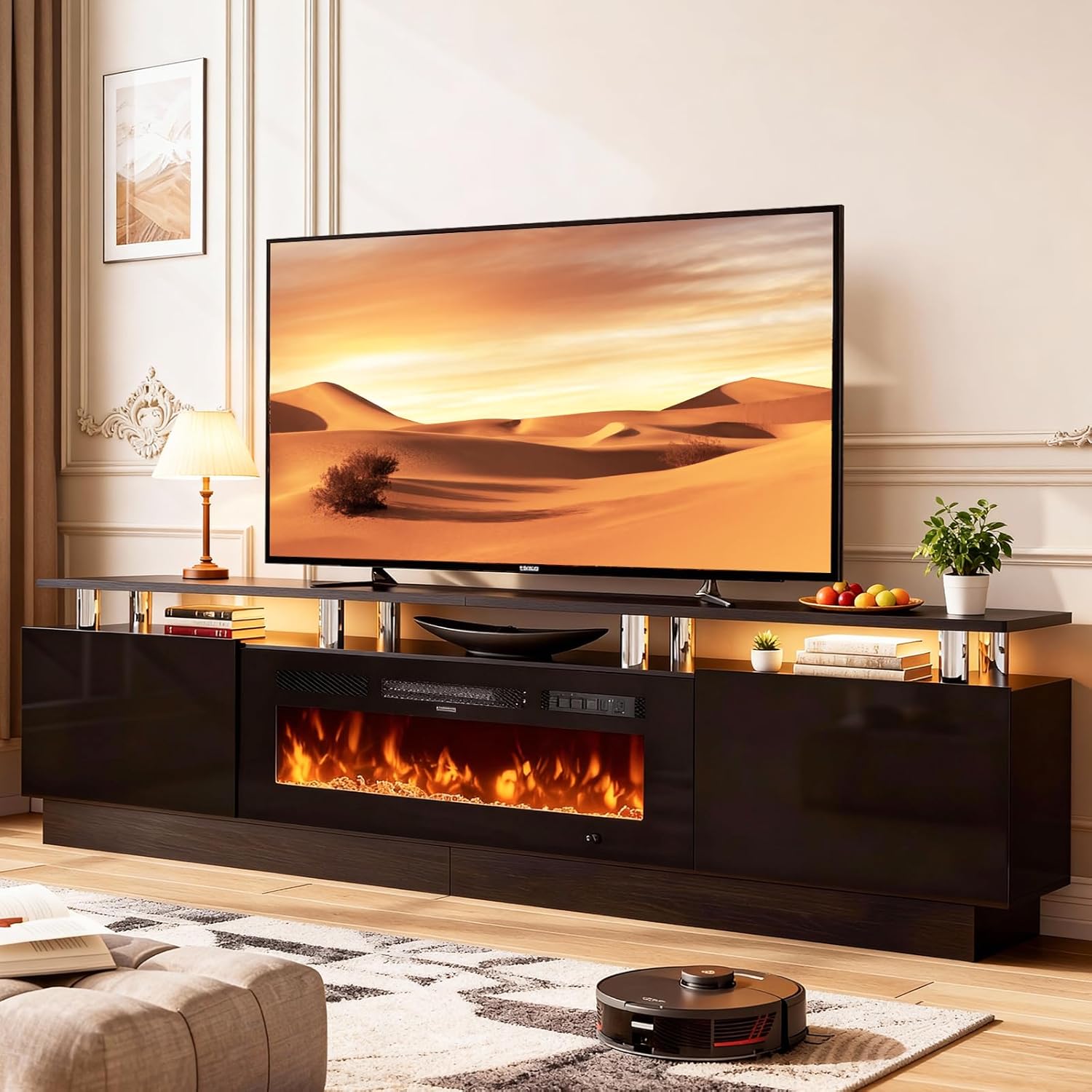 TV Stand with Fireplace, 70", Grey/Black - Image 7