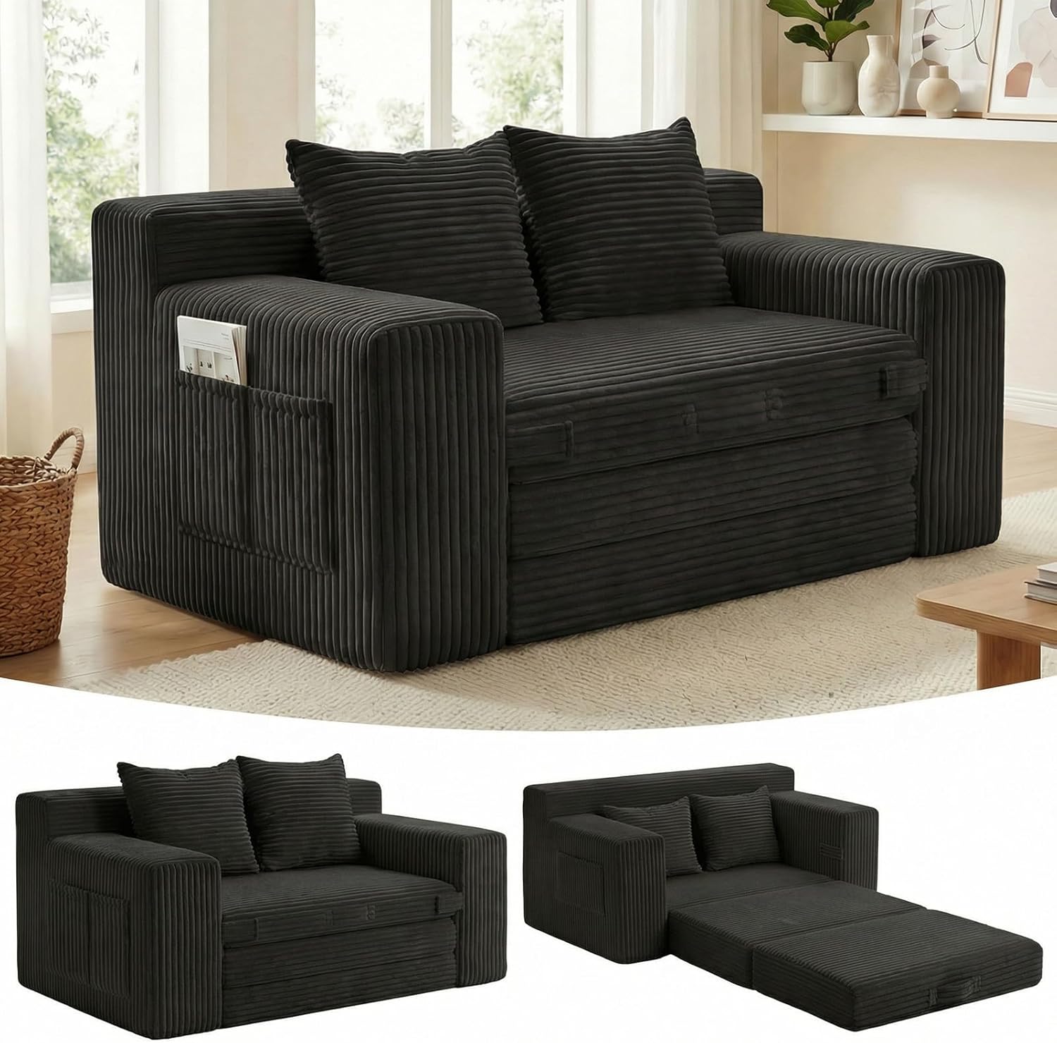 3-in-1 Boneless Loveseat Sofa Bed, Corduroy - Image 5