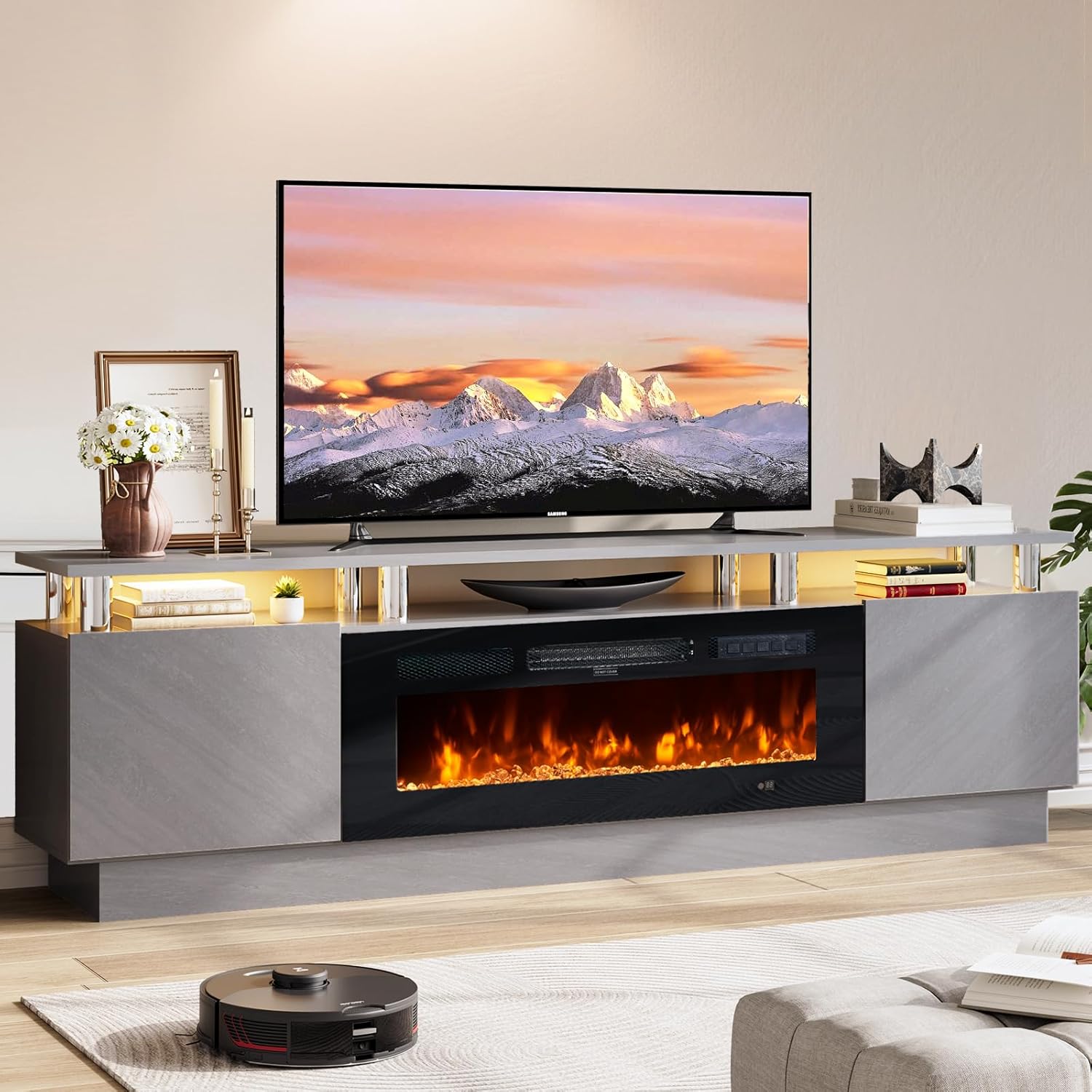 TV Stand with Fireplace, 70", Grey/Black - Image 2