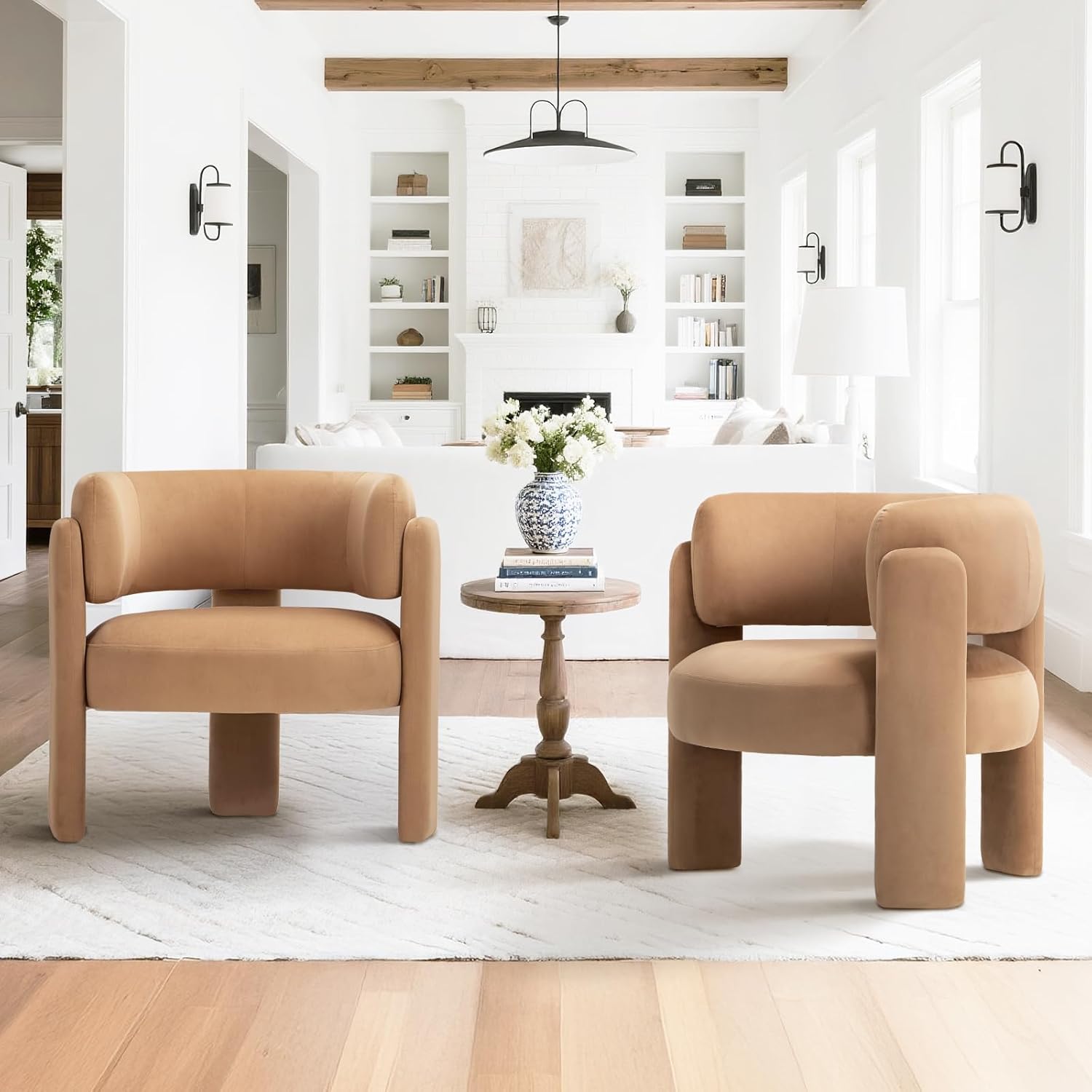 COLAMY Upholstered Barrel Chairs – Velvet, 2-Pack, Khaki - Image 9