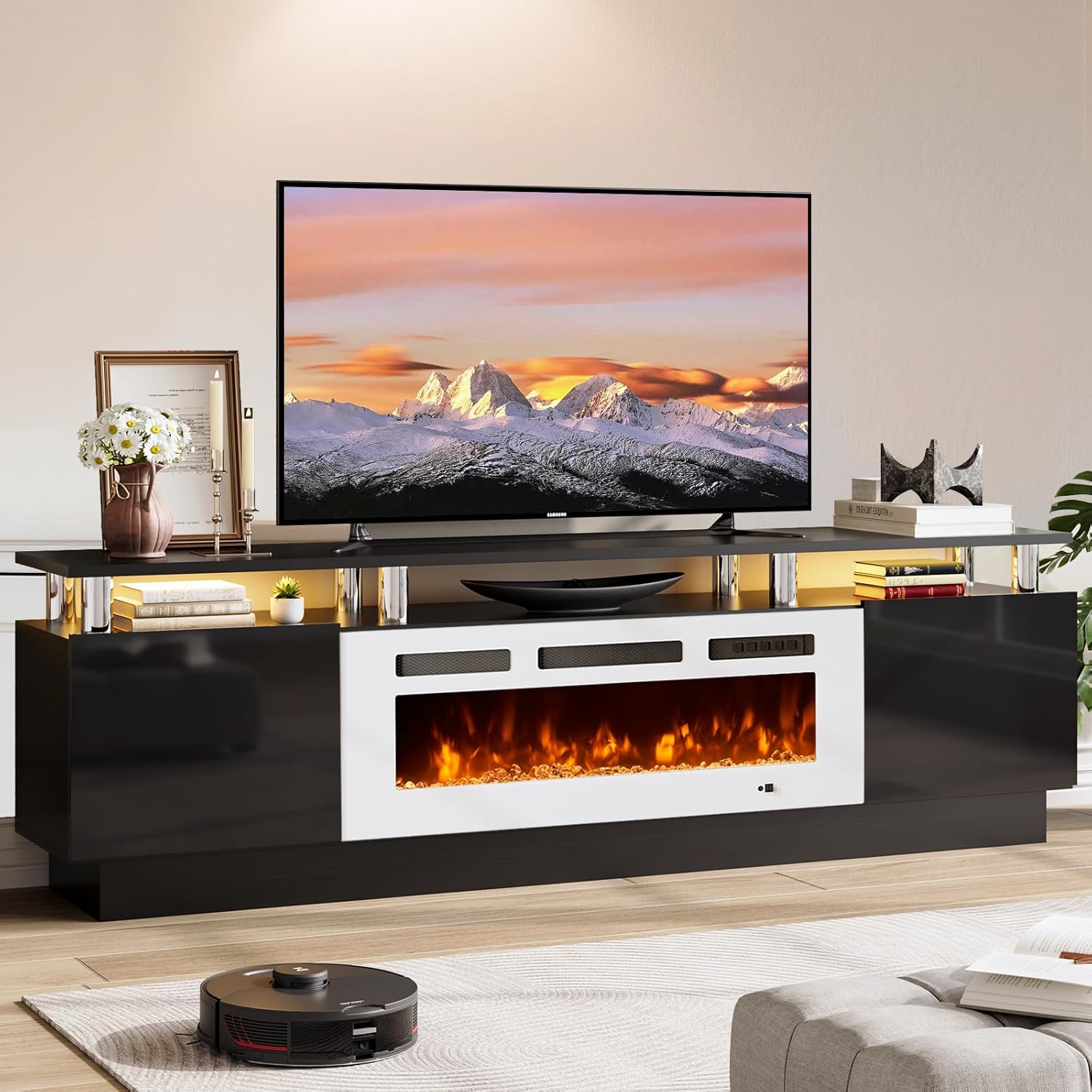 TV Stand with Fireplace, 70", Grey/Black - Image 8