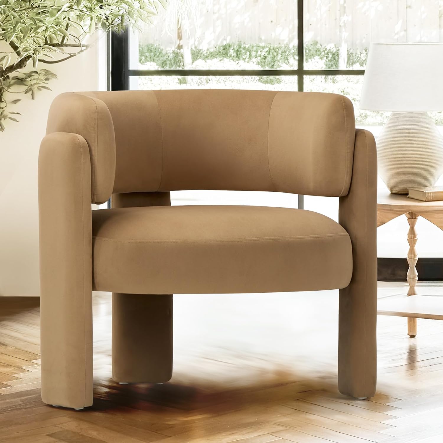 COLAMY Upholstered Barrel Chairs – Velvet, 2-Pack, Khaki - Image 6