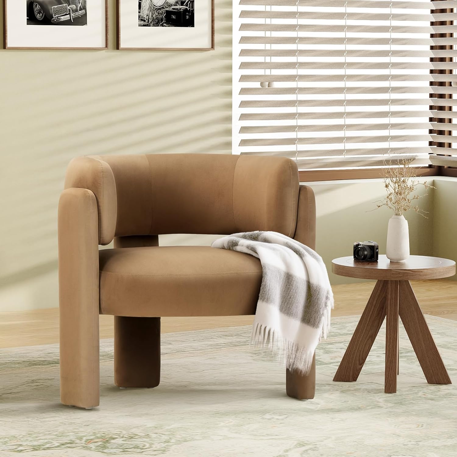 COLAMY Upholstered Barrel Chairs – Velvet, 2-Pack, Khaki - Image 8