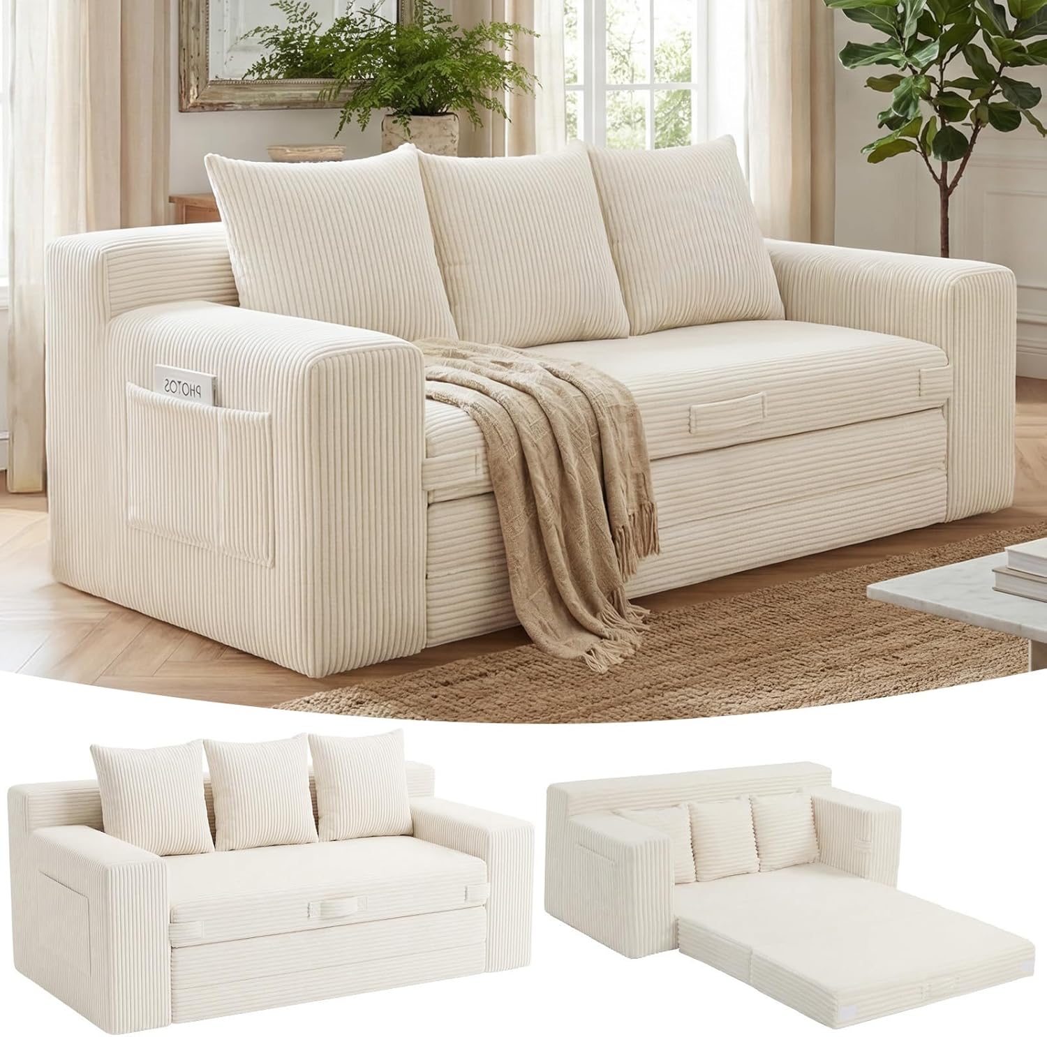 3-in-1 Boneless Loveseat Sofa Bed, Corduroy - Image 2