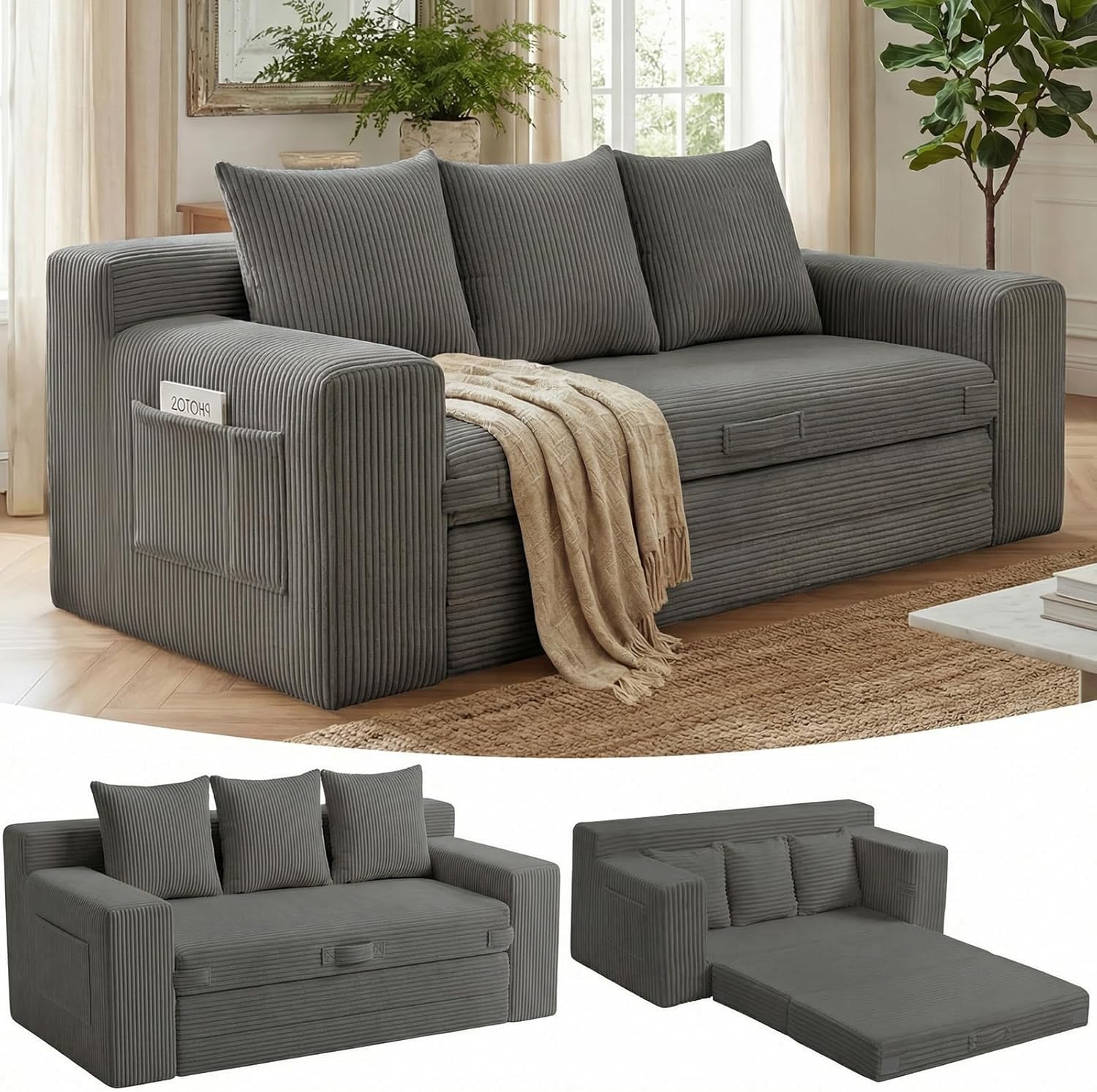 3-in-1 Boneless Loveseat Sofa Bed, Corduroy - Image 4