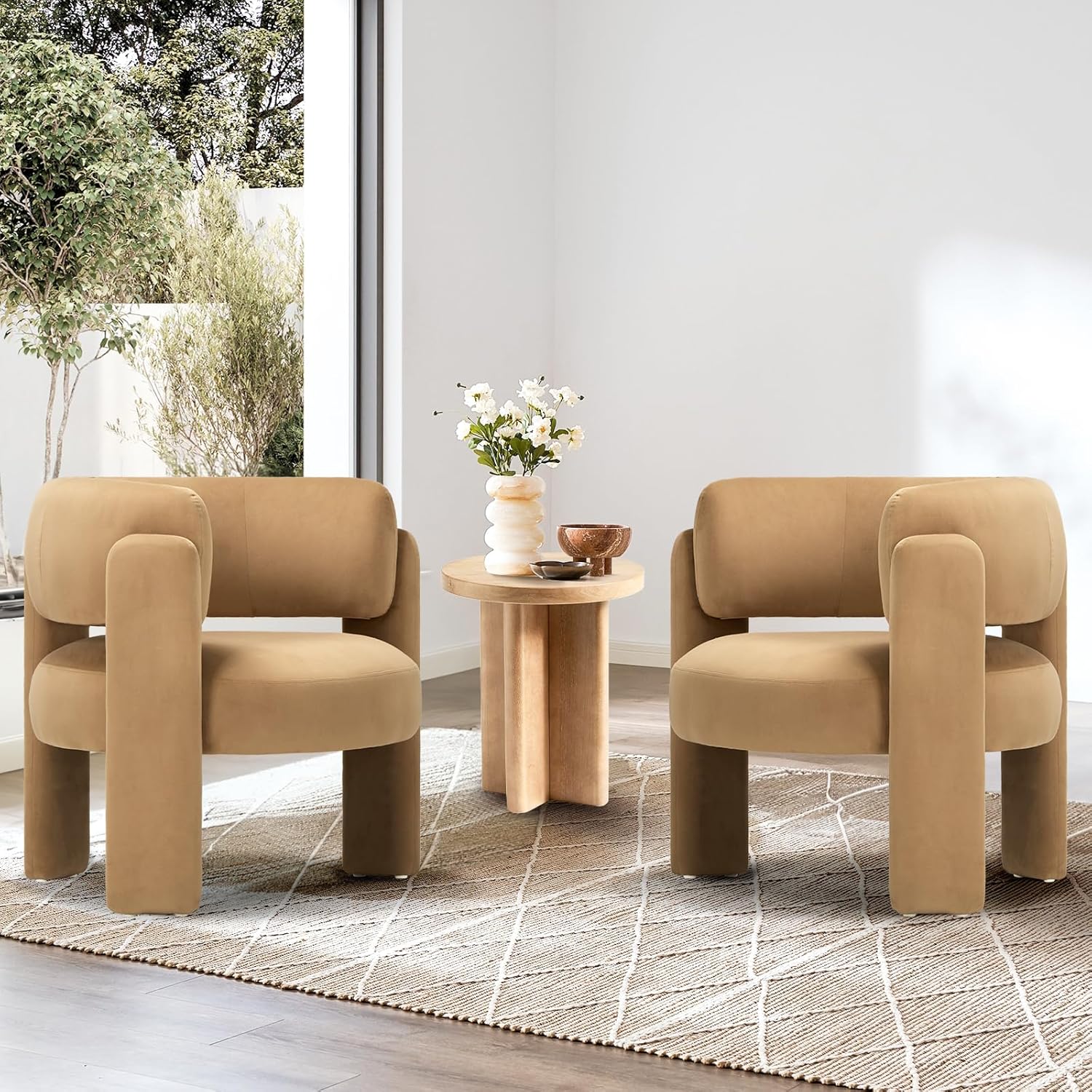 COLAMY Upholstered Barrel Chairs – Velvet, 2-Pack, Khaki - Image 5