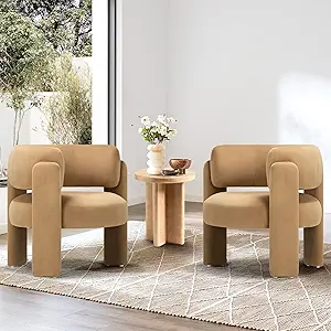 COLAMY Upholstered Barrel Chairs – Velvet, 2-Pack, Khaki - Image 9