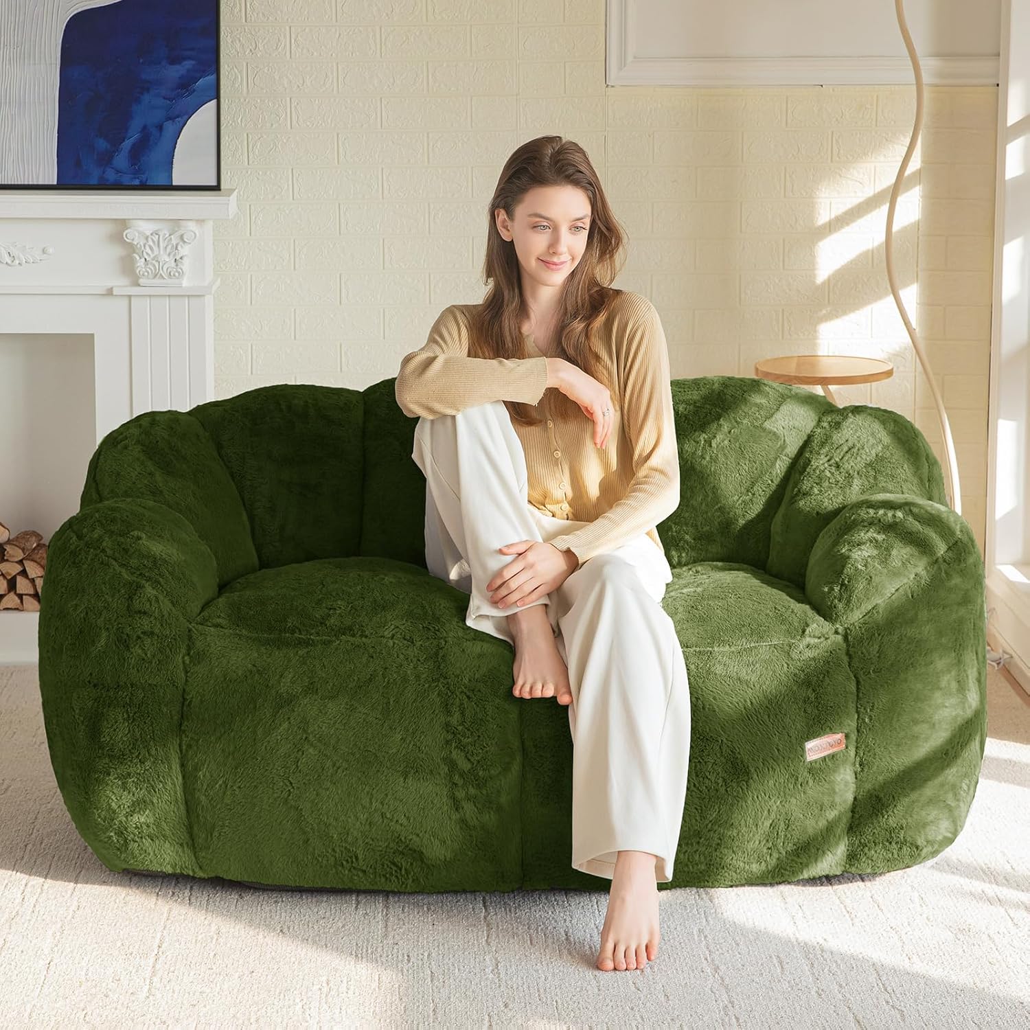 MAXYOYO Bean Bag Loveseat Chair, Faux Fur Beige - Image 5