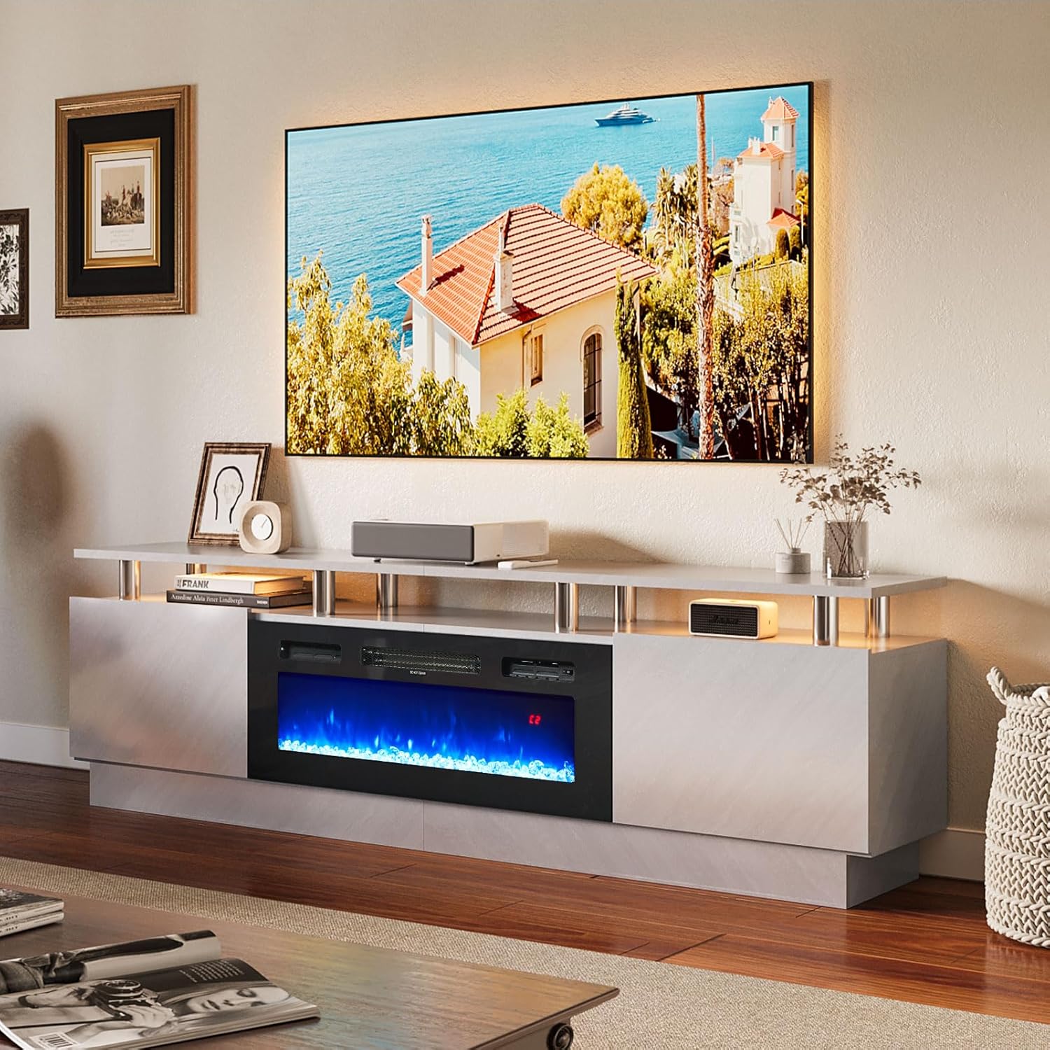 TV Stand with Fireplace, 70", Grey/Black - Image 11