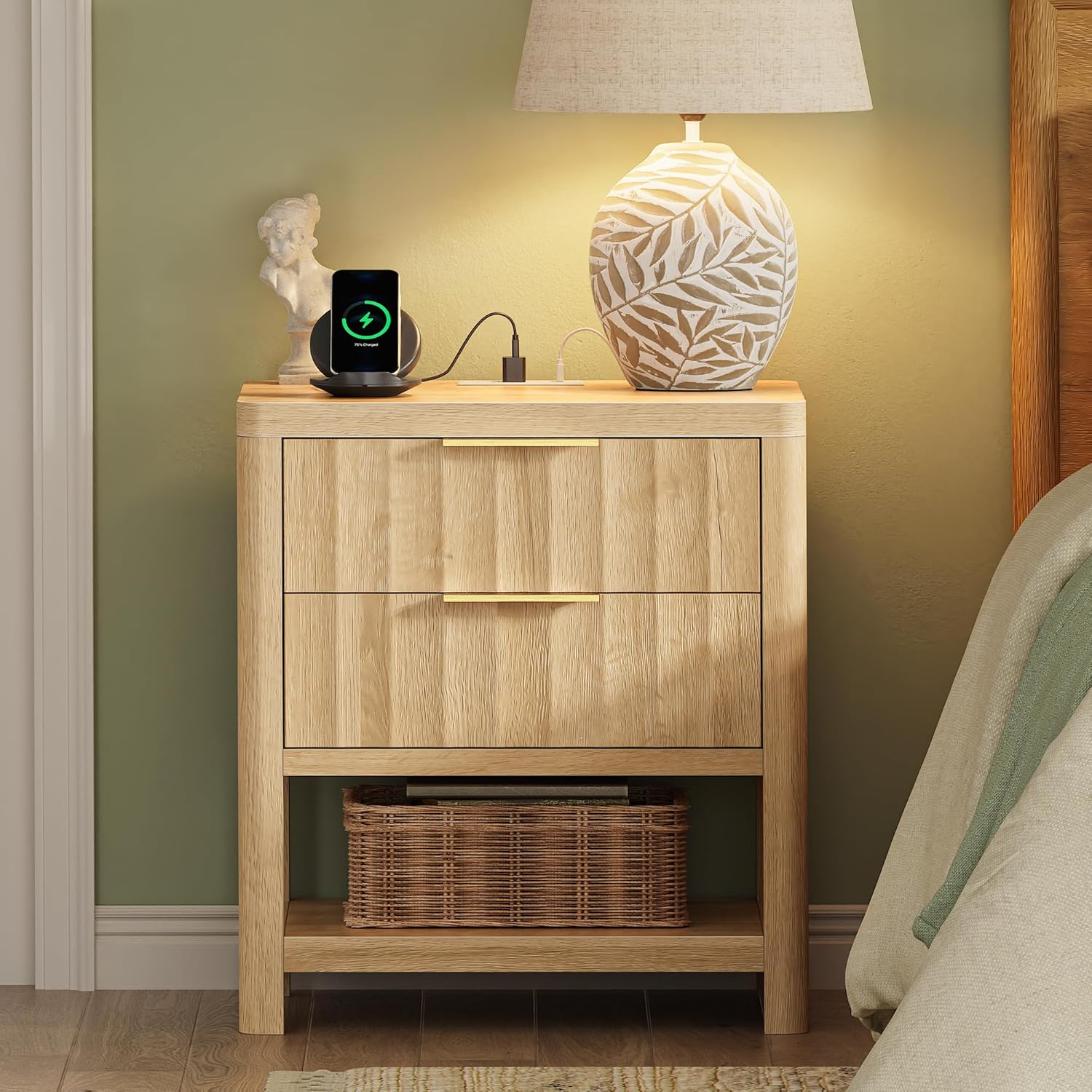 Huuger Fluted Nightstand Set of 2, 27.6", Natural - Image 2