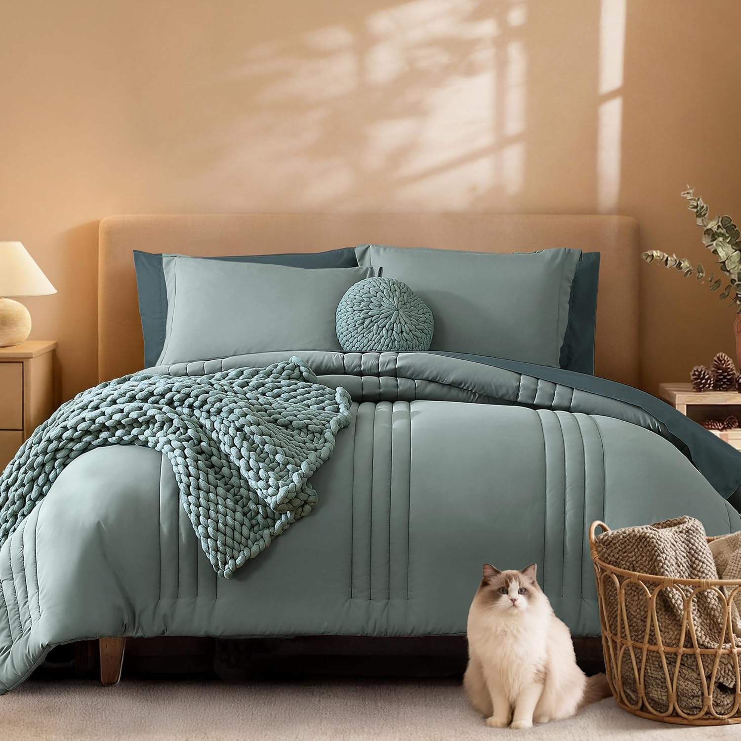 Monbix Queen Comforter Set, 7-Piece, Sage Green - Image 30