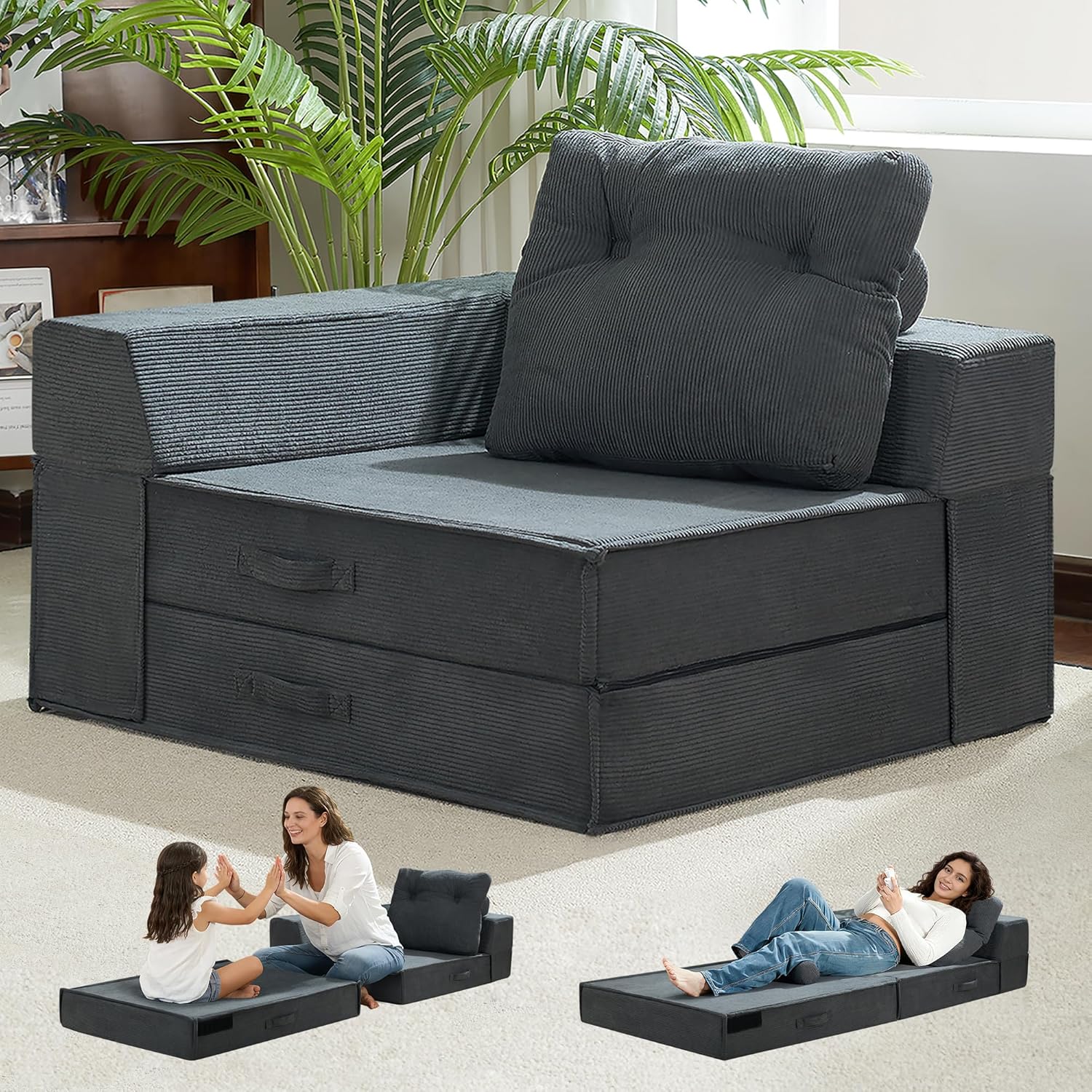 4-in-1 Folding Sofa Bed – Memory Foam Sleeper Chair, Black Grey - Image 4